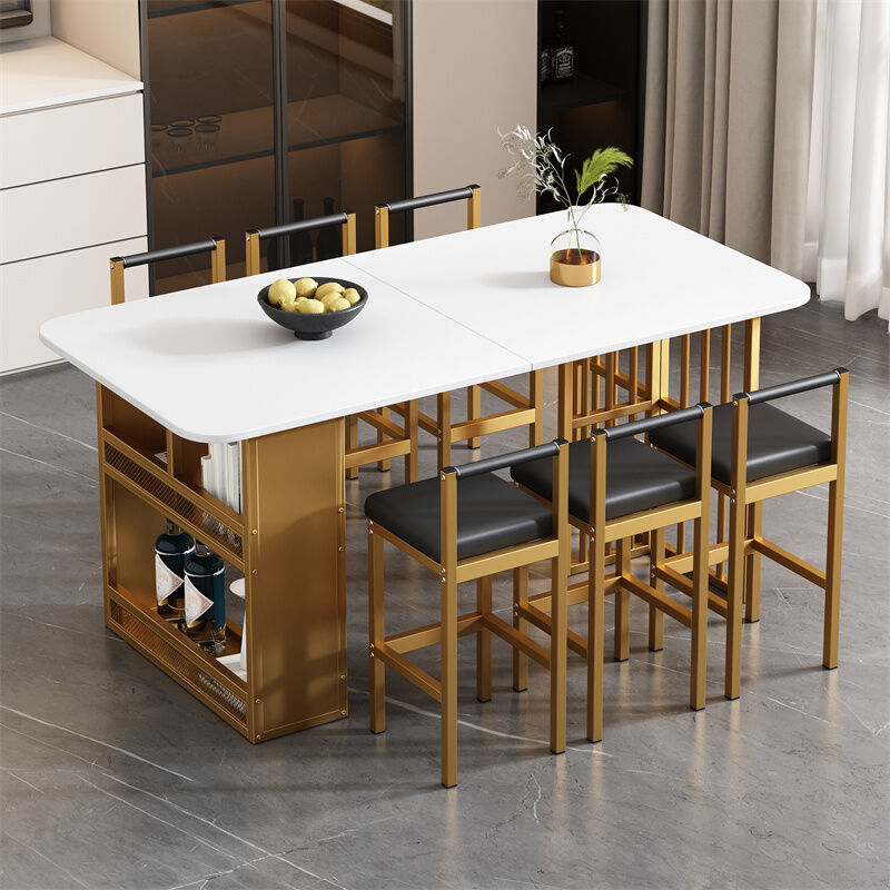 fortuna lai - ensemble table de salle à manger(160x80cm) et 6 chaises, table et chaises en mdf blanc et cadre en fer, luxe - doré