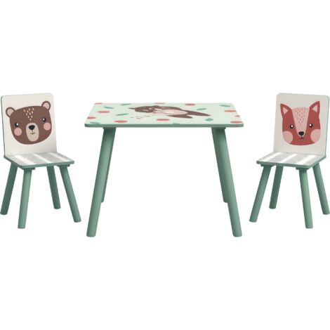 Ensemble table enfant 60x60 cm + 2 chaises 26,5x26,5 cm – Design animaux de la forêt – MDF et bois pin vert