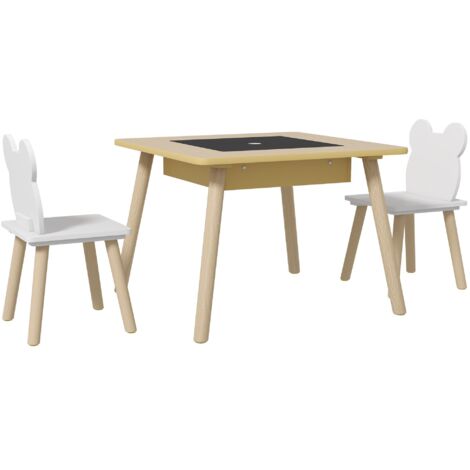 Ensemble table enfant avec 2 chaises, bureau convertible avec grille de rangement, 60×60×44 cm
