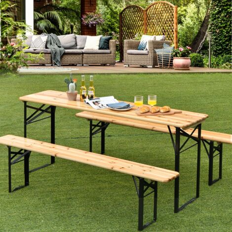 Ensemble Table et 2 Bancs Pliante de Camping 4 Personnes Structure en Acier Table Bois de Sapin Imperméable Charge 300KG DESIGN IN