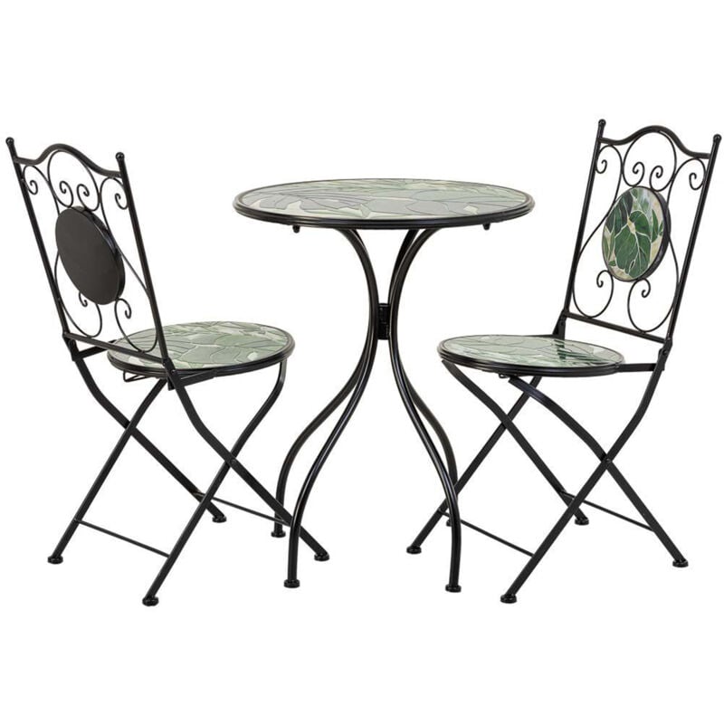 Ensemble table et 2 chaises en fer forgé coloris noir et mosaïque vert, blanc