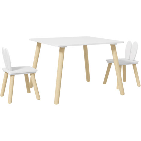Ensemble table et 2 chaises enfant design scandinave motif oreille de lapin bois pin blanc-Blanc