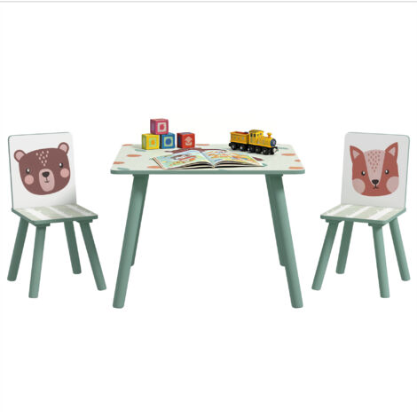 Ensemble table et 2 chaises enfants 3-8 ans, 3 pièces motif animaux, vert meuble chambre jeux salle d'étude.