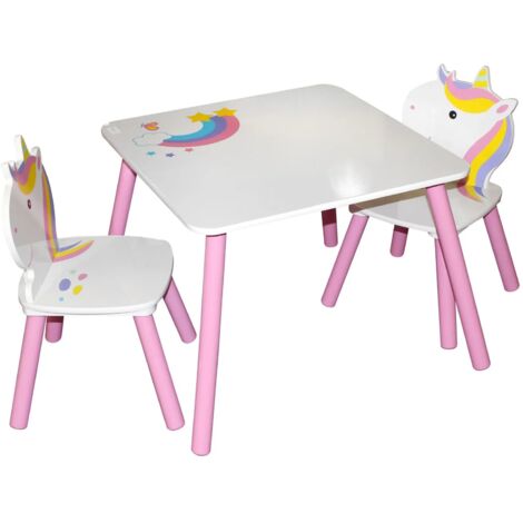 Ensemble table et 2 chaises JUDY WILD - Licorne - Table: 55 x 55 x H 42 cm, chaises: 28 x 28 x H 27/54cm - Blanc et rose - Livraison gratuite