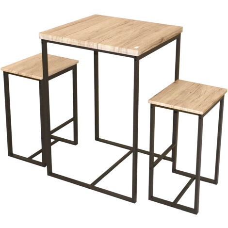 Ensemble table et 2 tabourets en bois naturel et métal noir - DARCY
