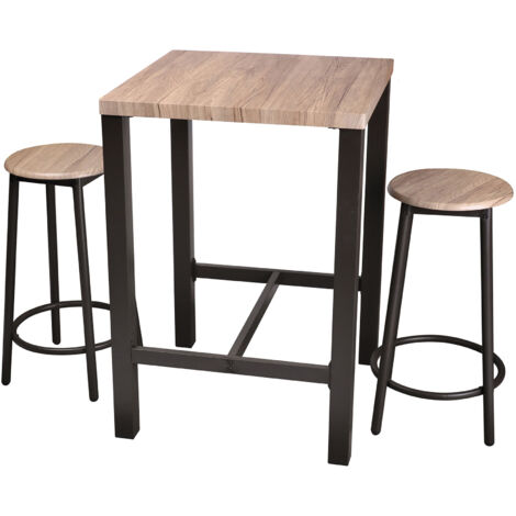 Ensemble table et 2 tabourets ronds en bois naturel et métal noir - DARCY