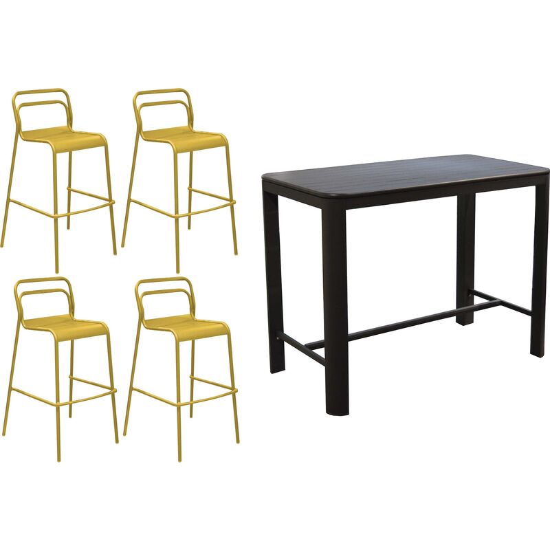 Ensemble table haute d'extérieur et 4 chaises en aluminium Eos - Graphite (table), Tournesol (chaises)