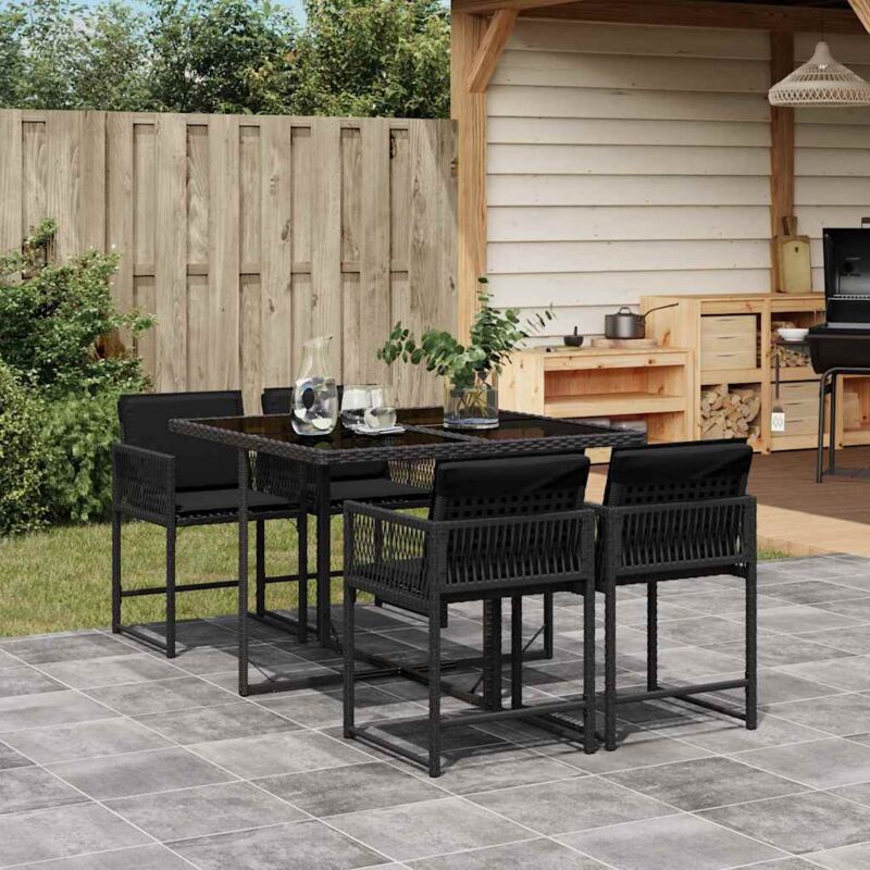 Ensemble Table et 4 Chaises Jardin 5pcs en Résine Tressée Noir avec Coussins amovibles et Toit en Verre trempé