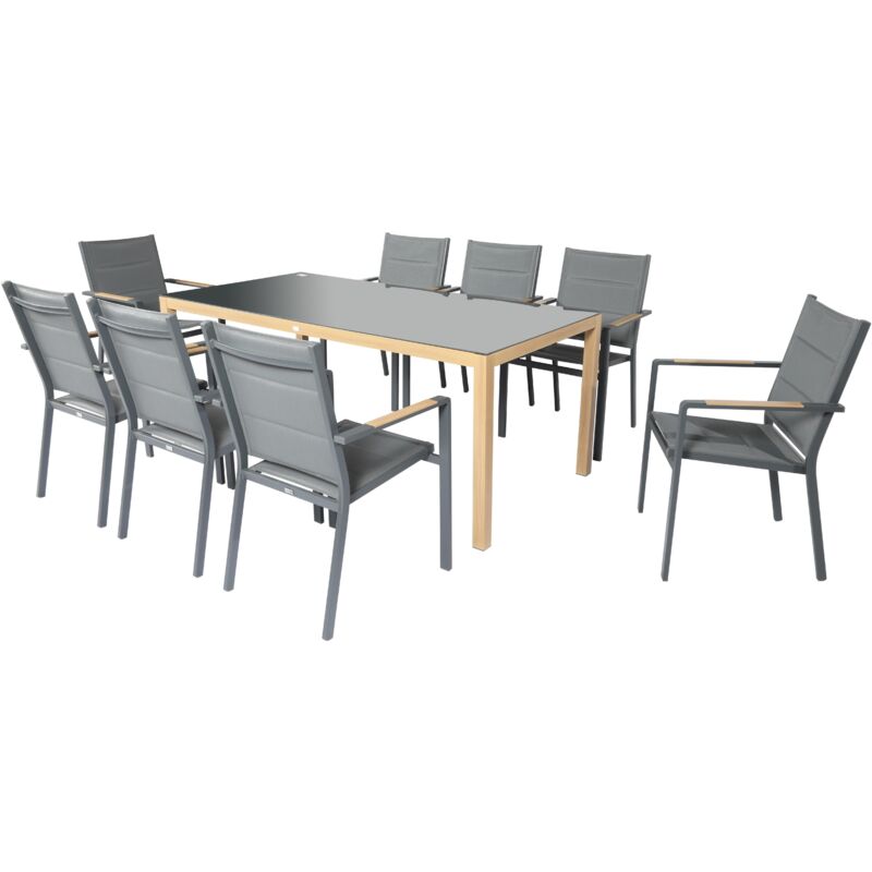 Oviala - Ensemble table et 8 chaises de jardin effet bois gris