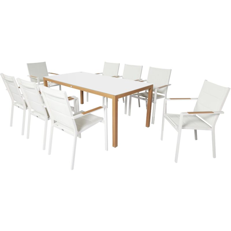 Oviala - Ensemble table et 8 chaises de jardin effet bois blanc
