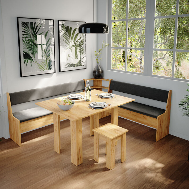 Vicco - Groupe de banquettes d'angle Roman, Chêne de force doré, 210 x 41.5 cm avec table