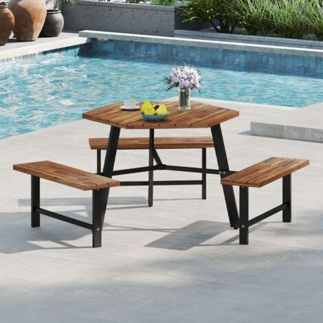 Ensemble Table et Banc en Bois D'acacia pour 6 Personnes Table à Manger 3 Places avec Trou pour Parasol Plateau Rainuré avec Cadre en Métal