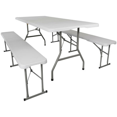Oxeo – Ensemble table et bancs pliants 8 places – Table pliante 180 cm en polyéthylène – Structure en acier laqué – Charge max 150 kg
