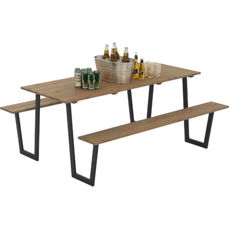 Ensemble table et bancs en bois de brasserie, table de pique-nique en bois avec banc, 175 cm, trou pour parasol, marron