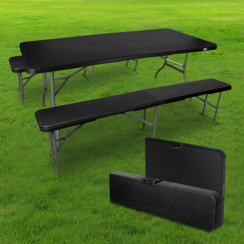 Skylantern - Ensemble Table et Bancs Pliants Noir 180cm - Lot 1 table + 2 bancs pliable pour camping, cérémonie, pique-nique, buffet et grillade