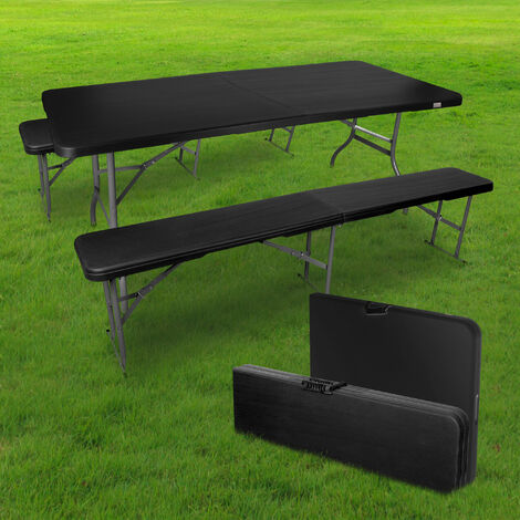 Ensemble Table et Bancs Pliants Noir 180cm - Lot 1 table + 2 bancs pliable pour camping, cérémonie, pique-nique, buffet et grillade - Ensemble Pliant Camping