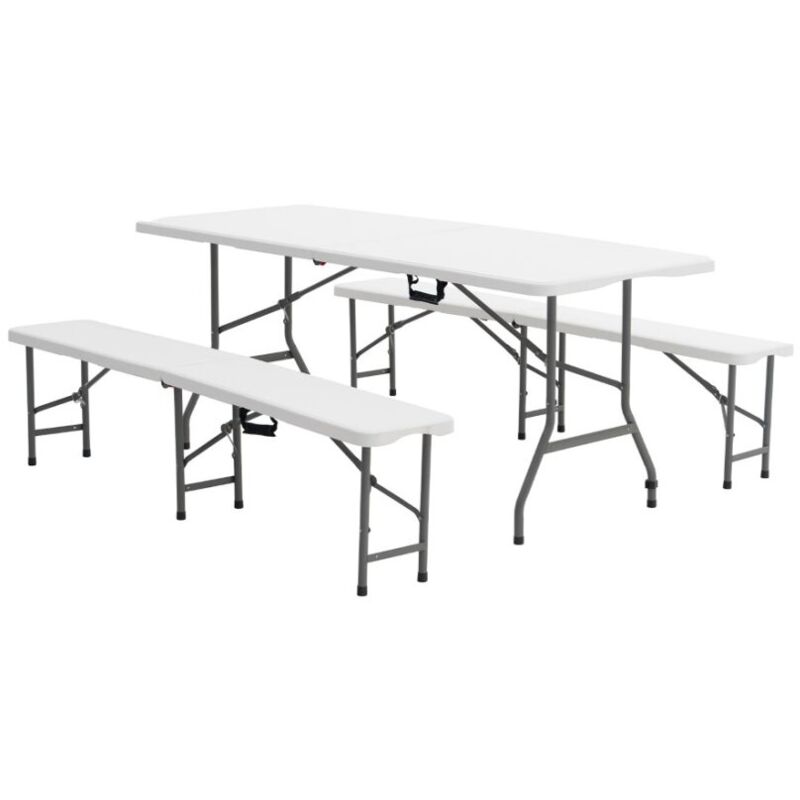 Gardiun – Ensemble table de jardin et bancs pliants 6/8 places – Polyéthylène et acier – Dimensions 180x74x74 cm – Protection UV et corrosion