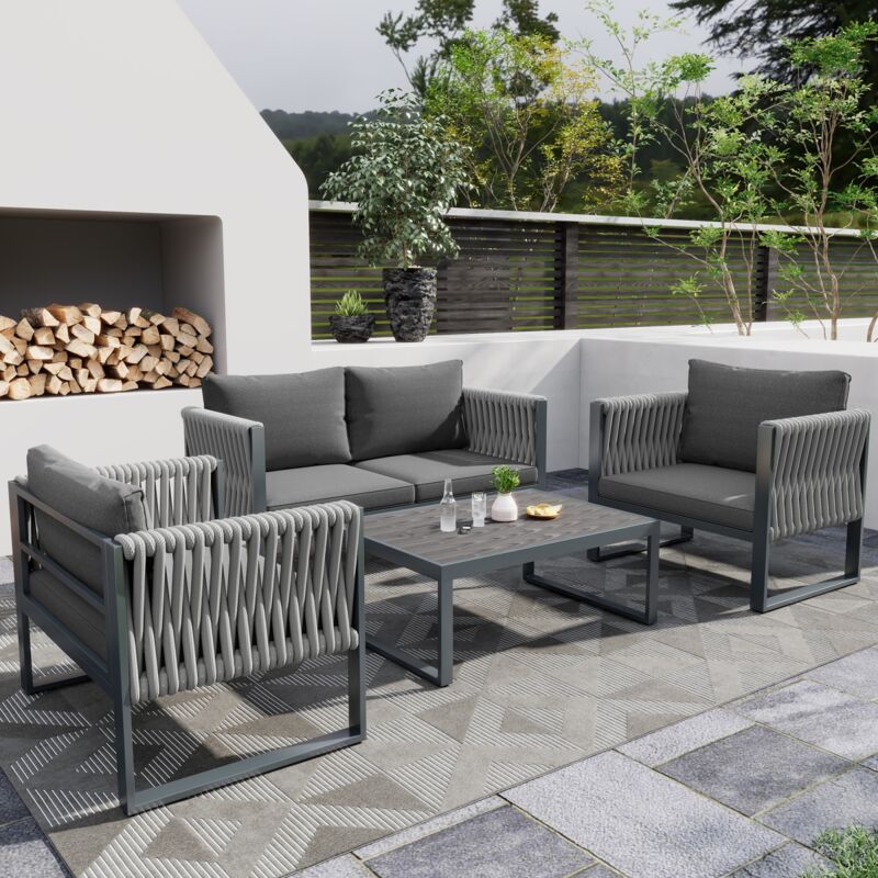 Ensemble table et chaise de jardin 4 pcs, 2 canapés simples, 1 canapé double, 1 table basse, coussins d'assise et coussins, ensemble de chaises