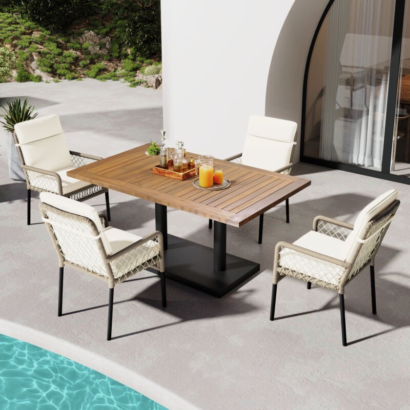 Ensemble table et chaise de jardin 5 Pièces (Bois d'Acacia + Tressage Rotin + Métal) pour 4 Personnes, Tissu Métal, Blanc et Naturel