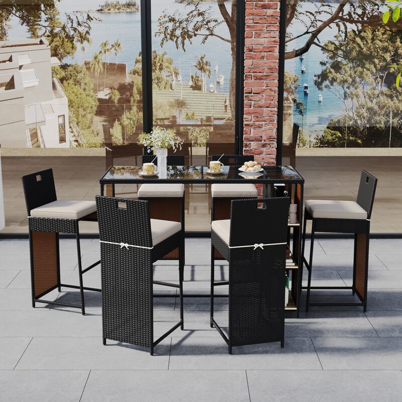 Ensemble table et chaise de jardin, 6 tabourets de bar, 1 table haute avec rangement, plateau en verre trempé, coussins et rotin tressé PE - Noir
