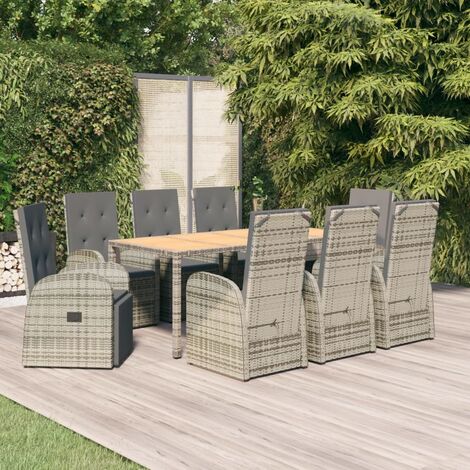 Ensemble Table et Chaise de Jardin 9 pcs  Ensemble de salle à manger de jardin 9 pcs avec coussins Gris 32746