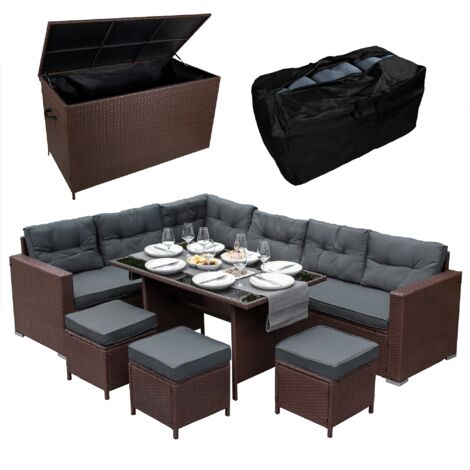 Ensemble table et chaise de jardin 9 personnes – Rotin marron – Coffre 582L avec ouverture assistée – Résistant aux UV et intempéries