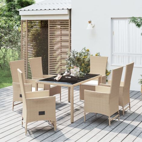 Ensemble Table et Chaise de Jardin Contemporain  Ensemble à dîner de jardin avec coussins 7 pcs beige poly rotin 24903