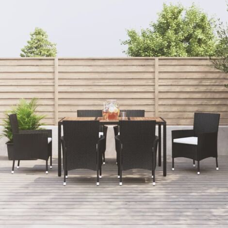 Ensemble Table et Chaise de Jardin Contemporain  Ensemble à dîner de jardin et coussins 7pcs Noir Résine tressée 19056