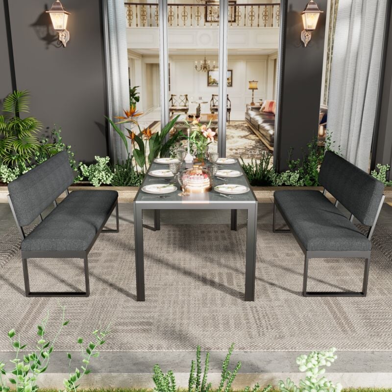 Modernluxe - Ensemble table et chaise de jardin en aluminium pour 6 personnes - une table et 2 bancs - dossier et coussin amovibles - Gris