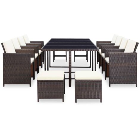 Ensemble Table et Chaise de Jardin pliable  Salon de jardin 13 pcs encastrable et coussins Rotin Marron 82144