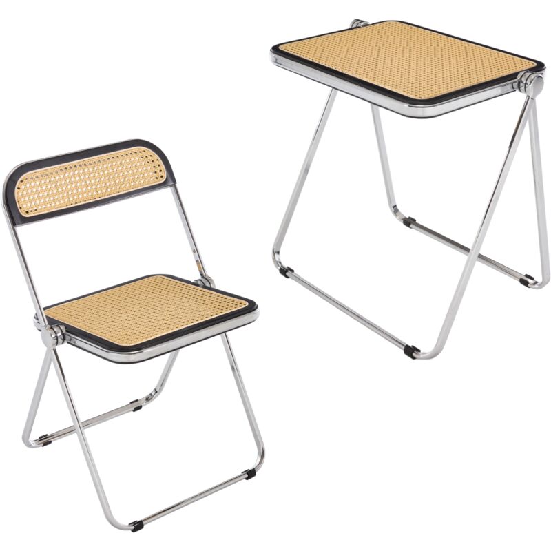 Ensemble Table et Chaise Pliantes de Salon, Table Basse et Chaise en Rotin, Table Carrée et Chaise de Salle à Manger avec Pieds en Métal, Beige