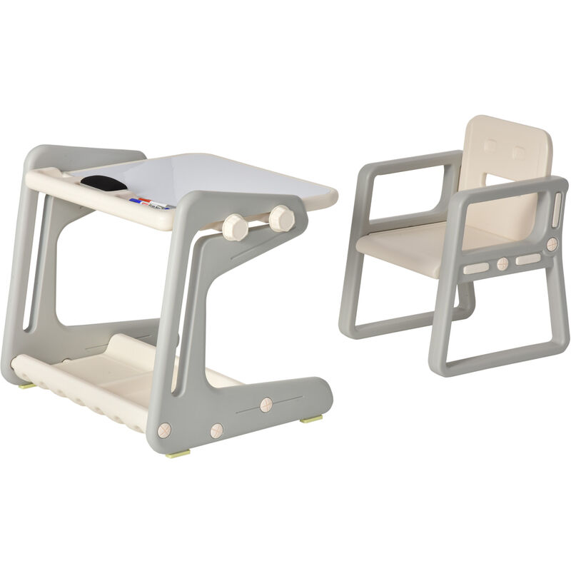 Homcom - Ensemble table et chaise pour enfant - bureau enfant tableau blanc 2 en 1 - 3 marqueurs + brosse inclus - rangements - HDPE gris beige