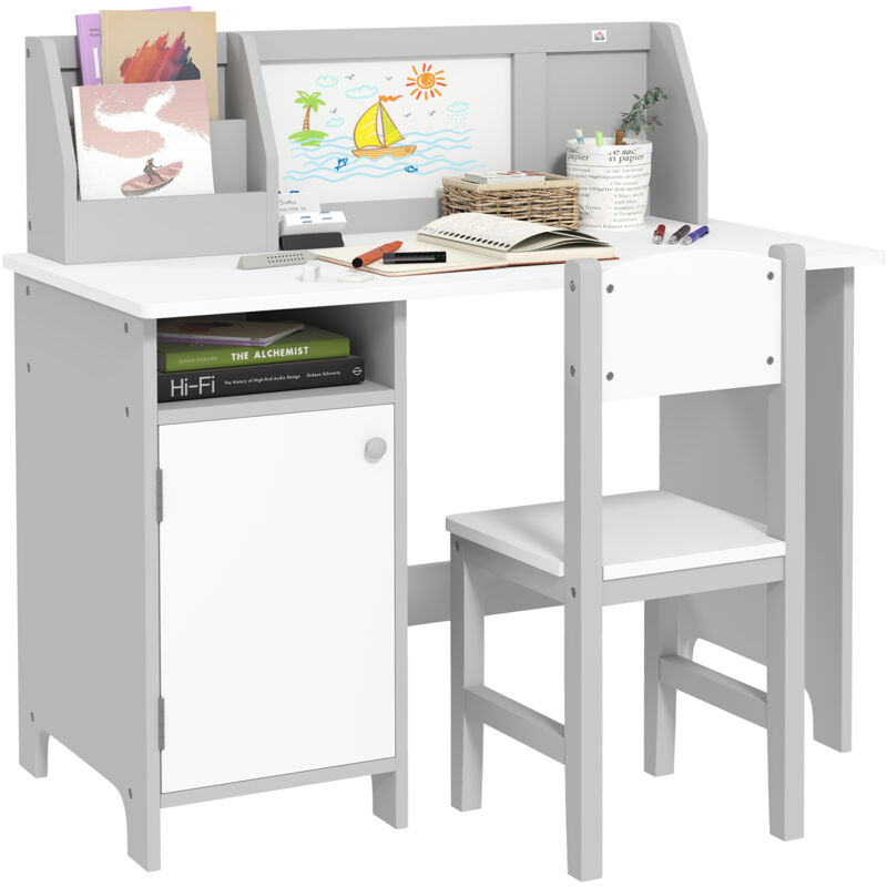 Ensemble table et chaise pour enfant gris avec tableau blanc - bureau pour enfant +5 ans - 90L x 45l x 85H cm