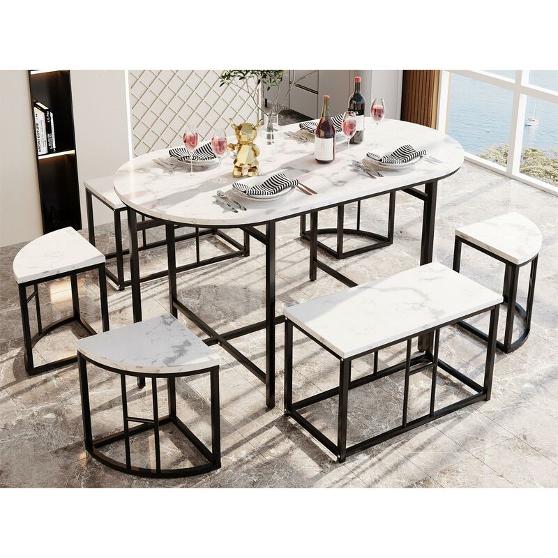 Ensemble table et 6 chaises - 4 petits tabourets + 2 bancs - noir