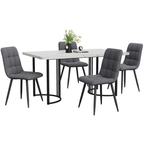Ensemble table et chaises 140x80cm (5 pièces) - Plateau MDF blanc - 4 chaises lin gris - Pieds métal noir