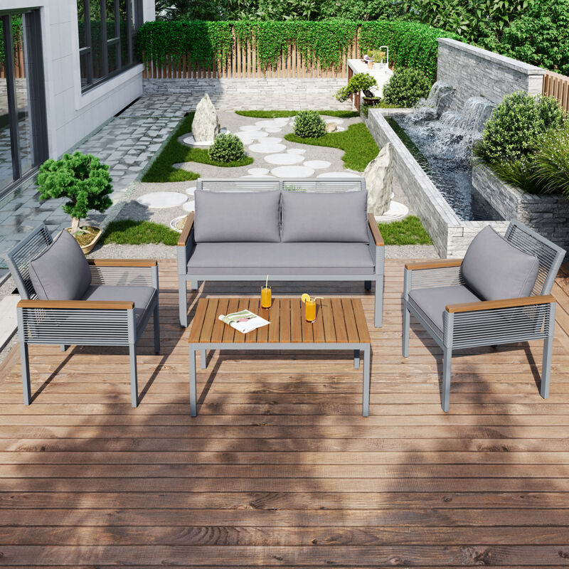 Hauss Spole - Ensemble table et chaises 3 pièces, 1 canapé + 2 chaises simples + 1 table, convient aux jardins extérieurs, métal, gris