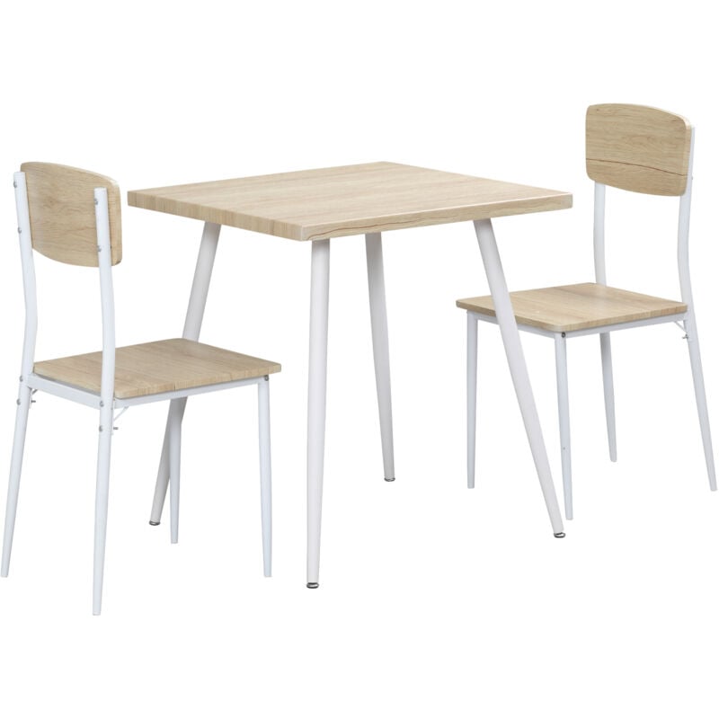 Ensemble table et chaises 3 pièces style nordique piètement effilé acier blanc aspect bois clair