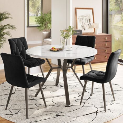 Ensemble table et chaises 5 pièces – Table ronde moderne en MDF marbré – 4 chaises ergonomiques en velours noir – Hauteur 75 cm