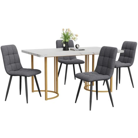 Ensemble table et chaises (5p) - Table 140x80cm blanc/doré + 4 chaises lin gris - Moderne