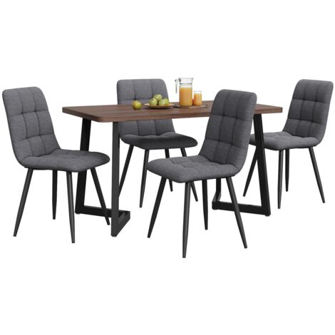 Ensemble table et chaises 5p - Table grain bois MDF noyer, pieds noir + 4 chaises lin gris foncé