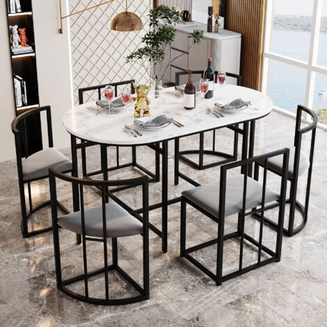 Ensemble table et chaises 6 places avec plateau ovale en MDF blanc coussins d'assise gris cadre métal noir
