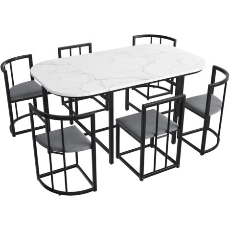 Ensemble table et chaises 6 places - Table blanche moderne + chaises gris avec coussins et cadre fer noir - Salle à manger