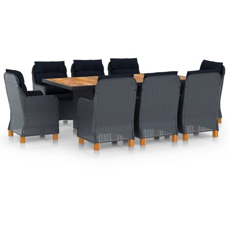 Ensemble Table et Chaises 9 pcs Ensemble Table à manger + 8 chaises avec coussins Résine tressée Gris foncé 14384