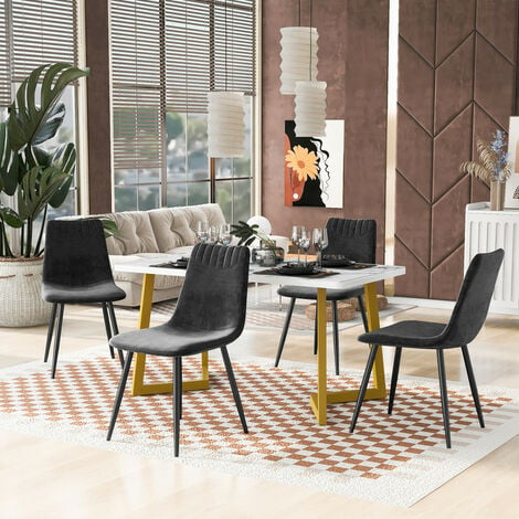 Eva - table à manger rectangulaire extensible 4 à 6 personnes décor marbre  gris & noir + 6 chaises en velours marron - style moderne LIFE INTERIORS