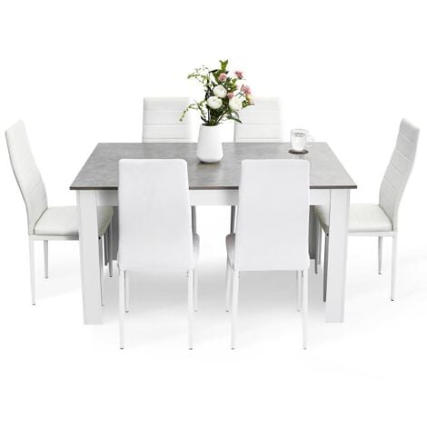 Ensemble table et chaises avec 6 chaises table à manger bois massif pour salle à manger cuisine Gris et blanc Mondeer