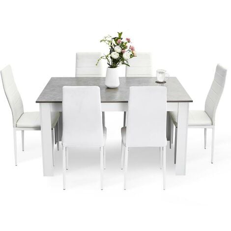 Ensemble table et chaises avec 6 chaises table à manger bois massif pour salle à manger cuisine Gris et blanc Mondeer