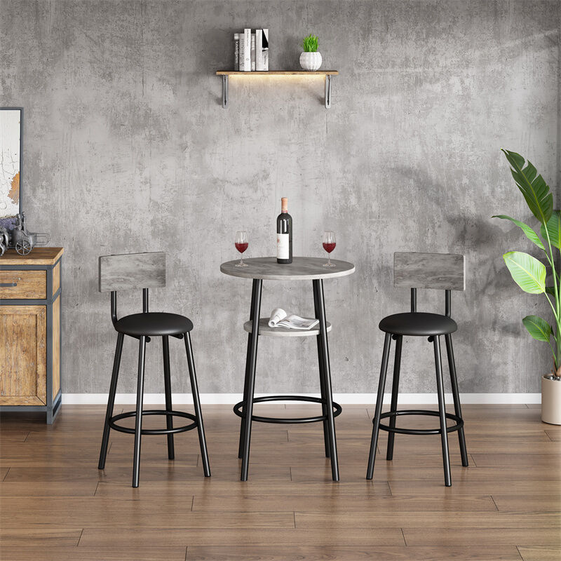 fortuna lai - ensemble table et chaises de bar, 1 table huat et 2 tabourets, pieds en métal, table de salle à manger ronde, gris + noir