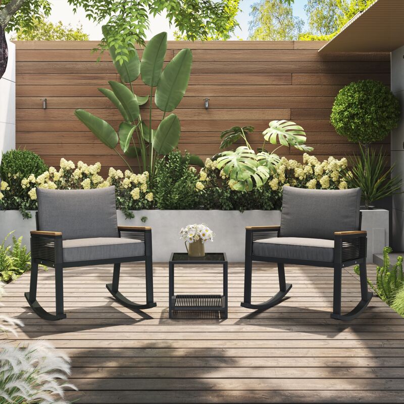 Ensemble table et chaises de jardin 3 pièces, avec 2 chaises à bascule, 1 table basse en verre, coussins d'assise et dossiers pour jardin et terrasse