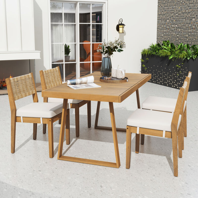 Hauss Spole - Ensemble table et chaises de jardin 5 pièces, 4 chaises+1 table à manger 160x80x70cm, pour 4 personnes, Blanc crème+naturel