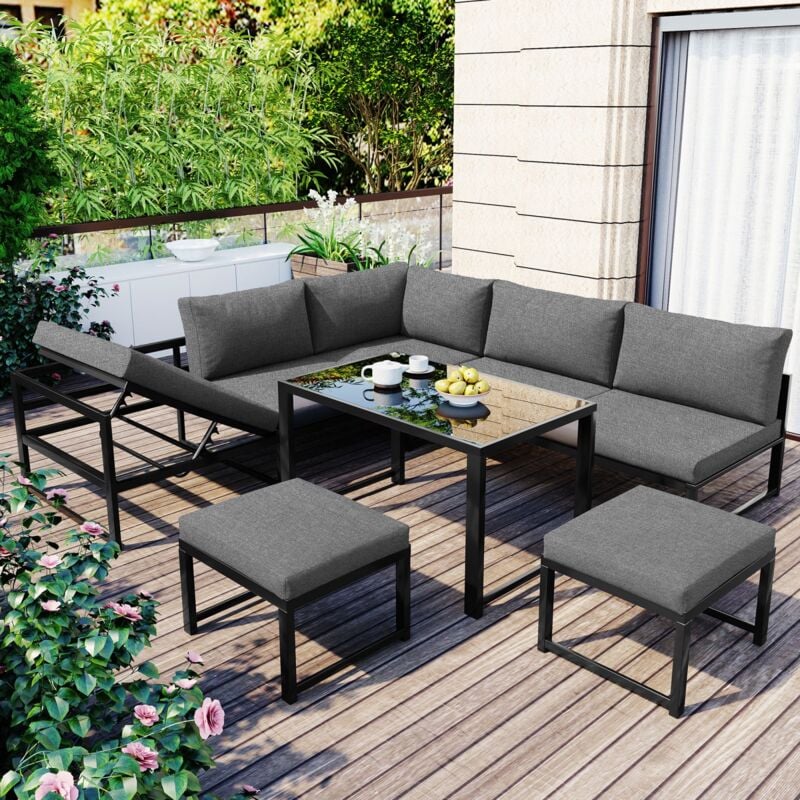 Ensemble table et chaises de jardin 7 places - Table basse avec plateau en verre, coussins d'assise et de dossier, dossier réglable sur 4 positions,